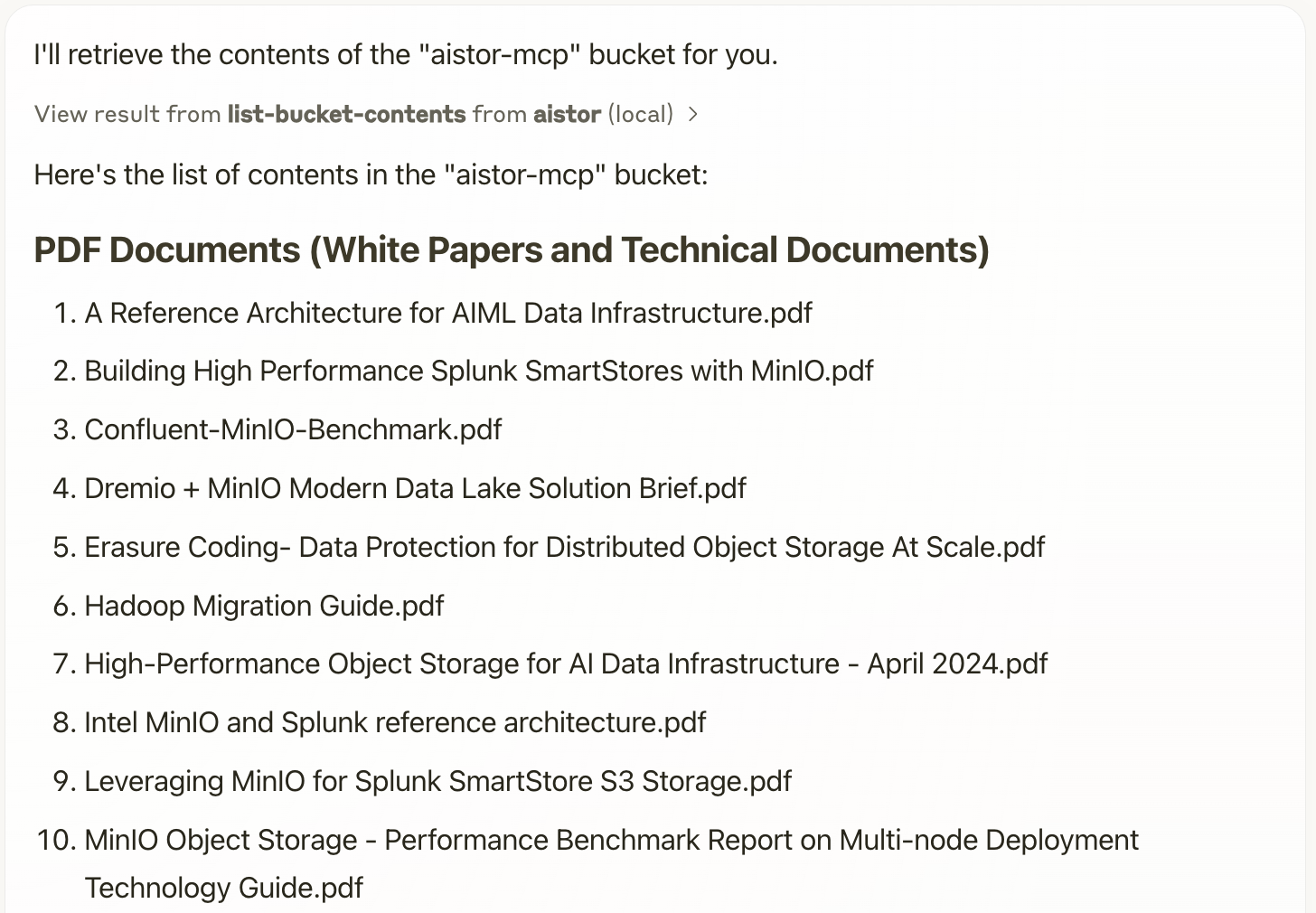 List objects in aistor-mcp